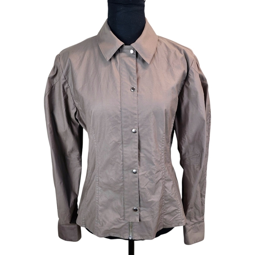 Thakoon Cotton Puff Sleeve Shirt Jacket Sz 6 Taupe Fitted Avant Garde Unique - Picture 2 of 16